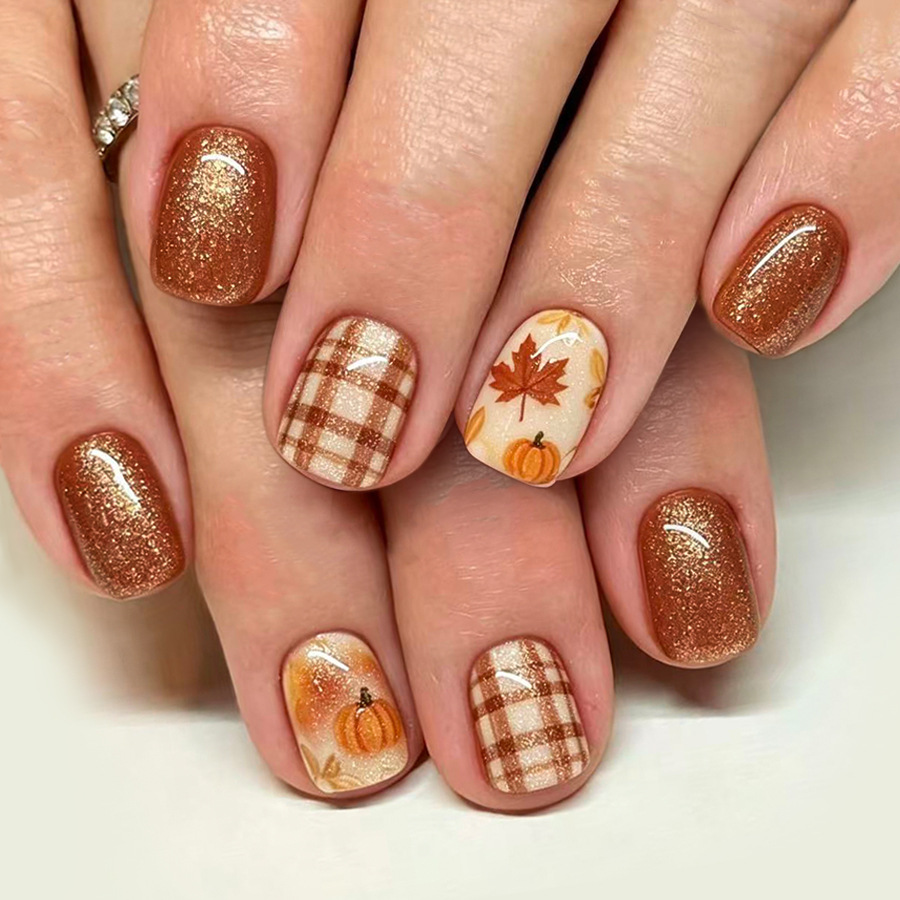 Nail Art Orange - 24 Uñas Postizas Acrílicas con Diseño