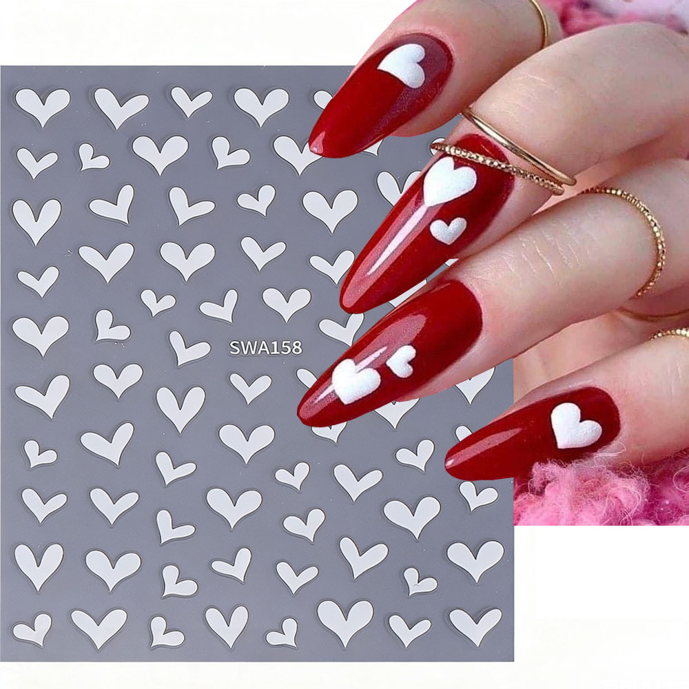Nail Art Valentines Day - Pegatinas 3D de corazón blanco para